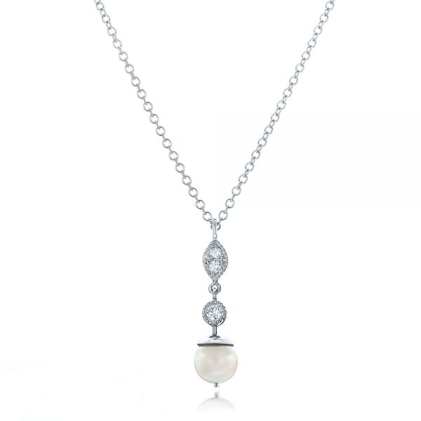 14k White Gold Custom Diamond And Pearl Necklace - Three-Quarter View -  102033