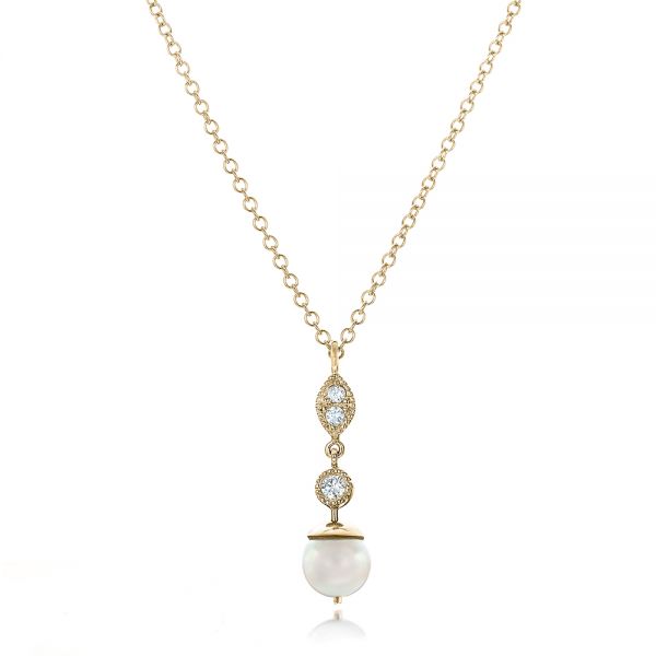 18k Yellow Gold 18k Yellow Gold Custom Diamond And Pearl Necklace - Three-Quarter View -  102033