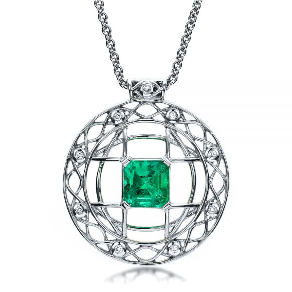 14k White Gold 14k White Gold Custom Emerald Pendant - Front View -  1447