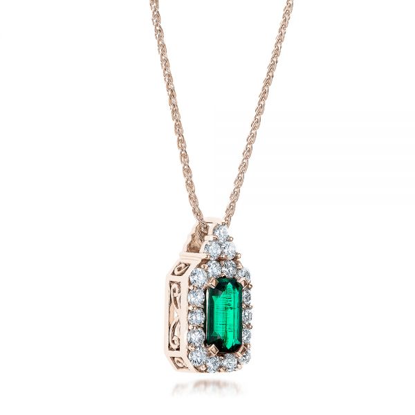 14k Rose Gold 14k Rose Gold Custom Emerald And Diamond Halo Pendant - Flat View -  101244