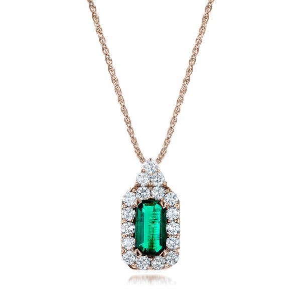 14k Rose Gold 14k Rose Gold Custom Emerald And Diamond Halo Pendant - Three-Quarter View -  101244