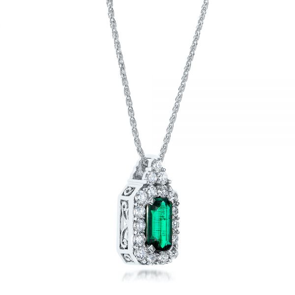 18k White Gold 18k White Gold Custom Emerald And Diamond Halo Pendant - Flat View -  101244