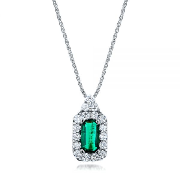 14k White Gold Custom Emerald And Diamond Halo Pendant - Three-Quarter View -  101244