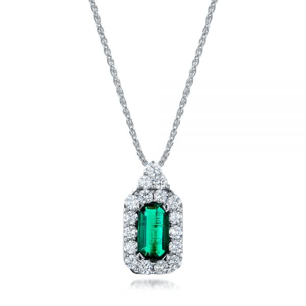  Platinum Platinum Custom Emerald And Diamond Halo Pendant - Three-Quarter View -  101244