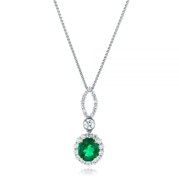 14k White Gold And 18K Gold 14k White Gold And 18K Gold Custom Emerald And Diamond Halo Pendant - Three-Quarter View -  102836