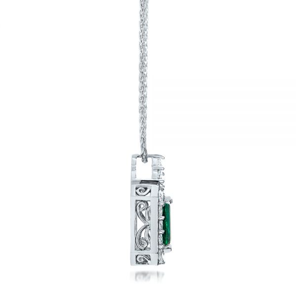 14k White Gold Custom Emerald And Diamond Halo Pendant - Side View -  101244