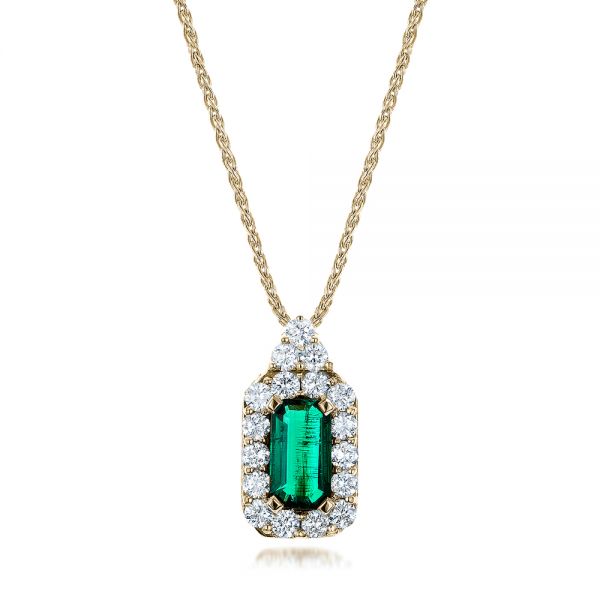 18k Yellow Gold 18k Yellow Gold Custom Emerald And Diamond Halo Pendant - Three-Quarter View -  101244