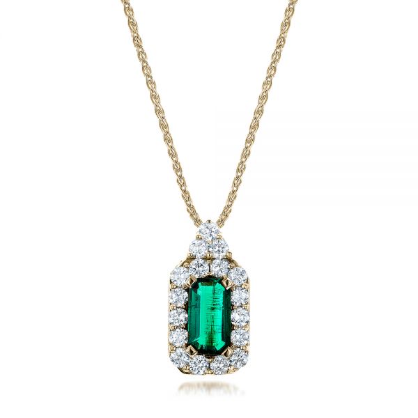 14k Yellow Gold 14k Yellow Gold Custom Emerald And Diamond Halo Pendant - Three-Quarter View -  101244