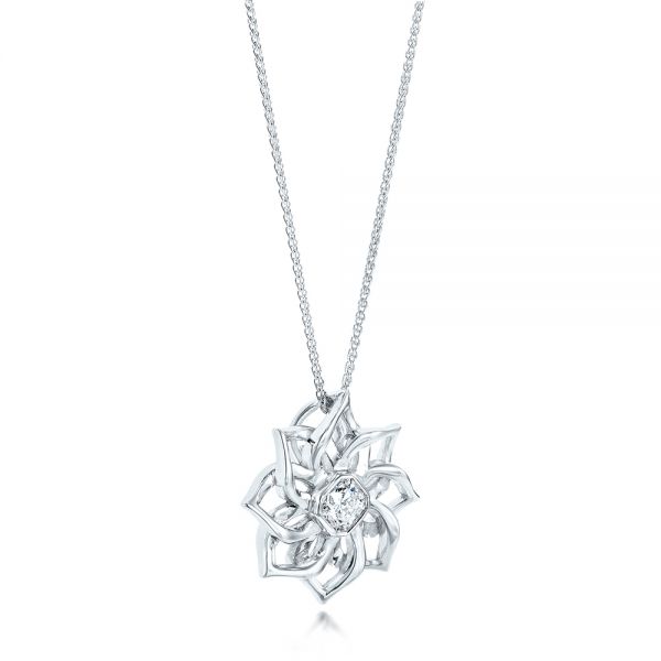 14k White Gold Custom Floral Diamond Pendant - Flat View -  102915 - Thumbnail