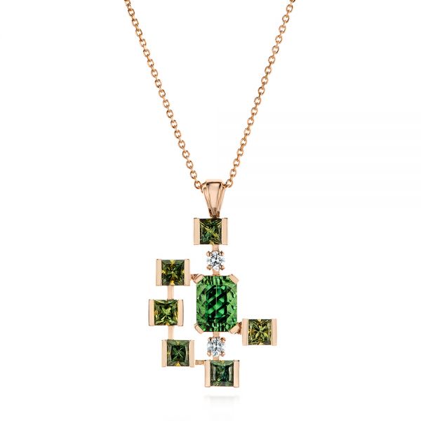 18k Rose Gold 18k Rose Gold Custom Green Tourmaline And Sapphire Pendant - Three-Quarter View -  105198