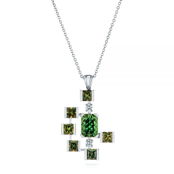  Platinum Platinum Custom Green Tourmaline And Sapphire Pendant - Three-Quarter View -  105198