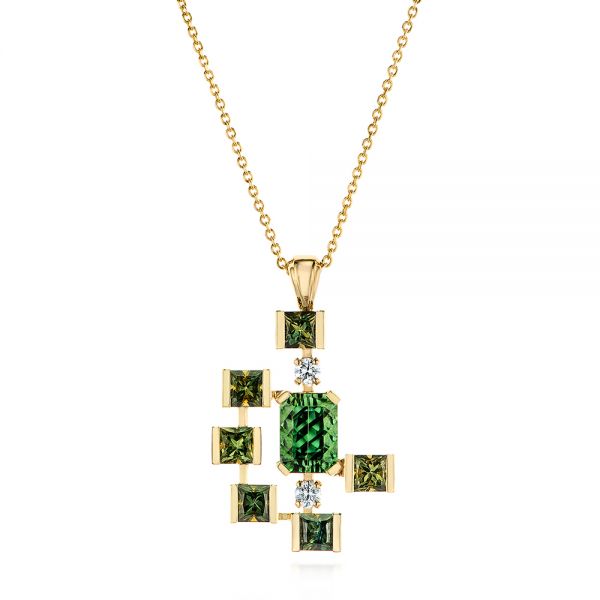 18k Yellow Gold Custom Green Tourmaline And Sapphire Pendant - Three-Quarter View -  105198