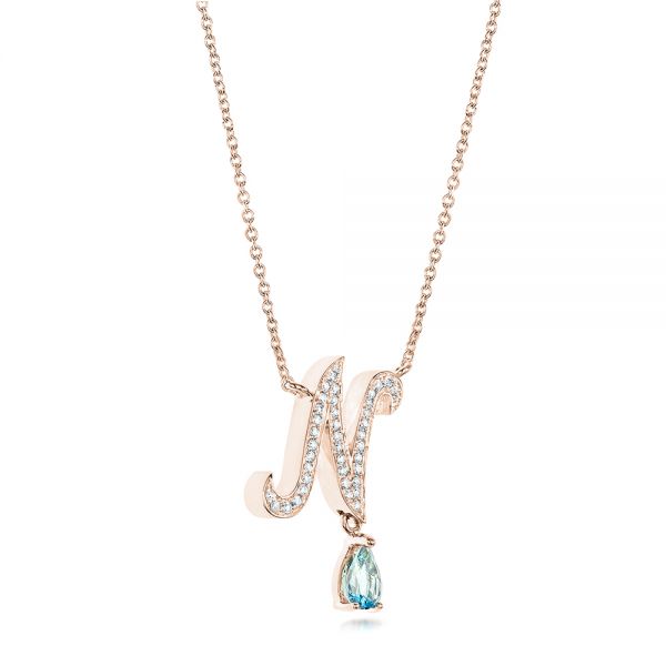 18k Rose Gold 18k Rose Gold Custom Letter N Diamond And Aquamarine Pendant - Flat View -  102742 - Thumbnail
