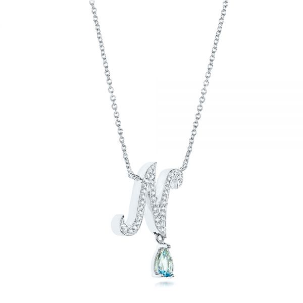 18k White Gold 18k White Gold Custom Letter N Diamond And Aquamarine Pendant - Flat View -  102742 - Thumbnail