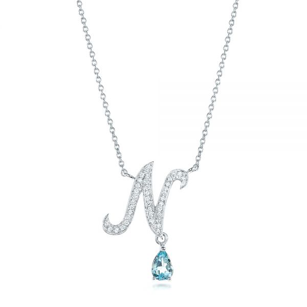 18k White Gold 18k White Gold Custom Letter N Diamond And Aquamarine Pendant - Three-Quarter View -  102742