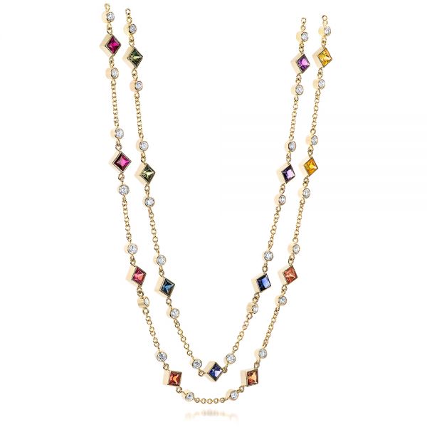 14k Yellow Gold Custom Multi-color Sapphire And Diamond Necklace - Flat View -  101660