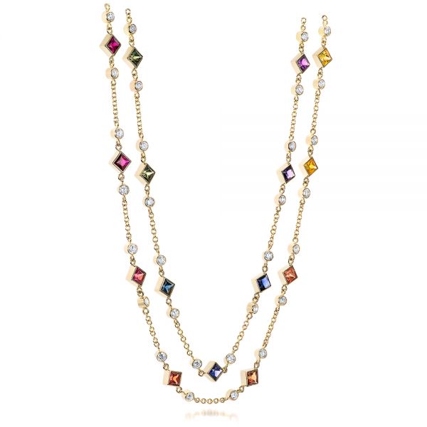 14k Yellow Gold Custom Multi-color Sapphire And Diamond Necklace - Flat View - 101660