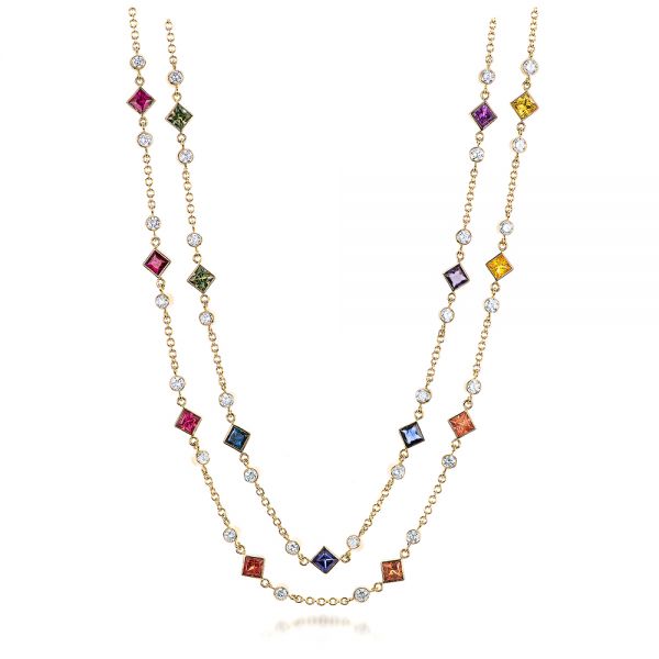14k Yellow Gold Custom Multi-color Sapphire And Diamond Necklace - Three-Quarter View -  101660