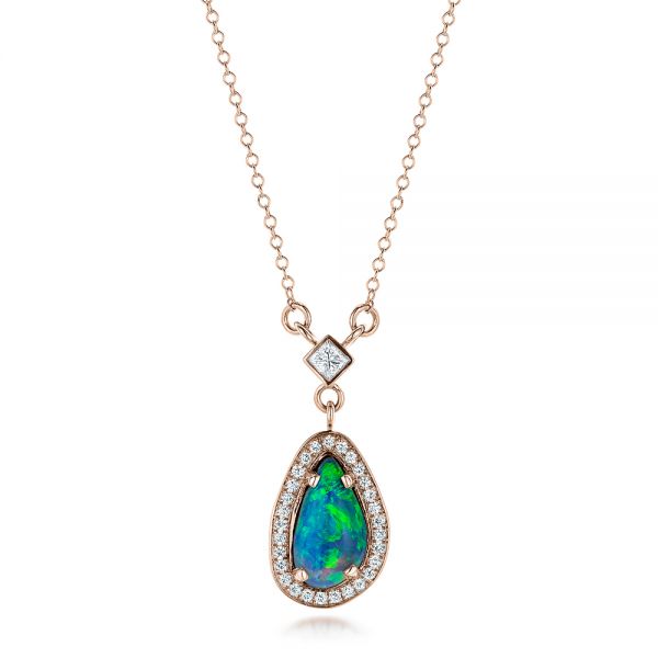 18k Rose Gold 18k Rose Gold Custom Opal And Diamond Halo Pendant - Three-Quarter View -  102266