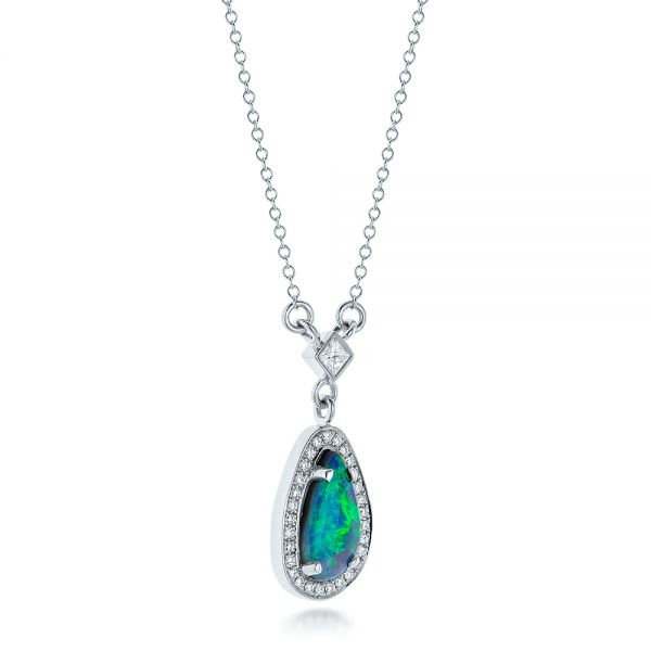 14k White Gold Custom Opal And Diamond Halo Pendant - Flat View - 102266
