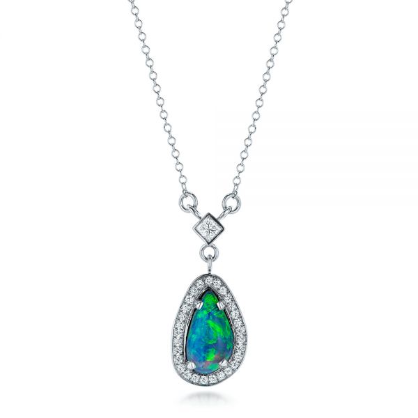 14k White Gold Custom Opal And Diamond Halo Pendant - Three-Quarter View -  102266