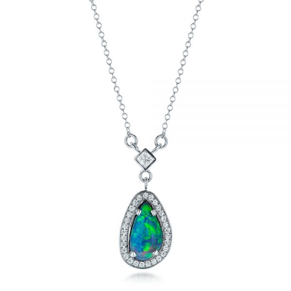 18k White Gold 18k White Gold Custom Opal And Diamond Halo Pendant - Three-Quarter View -  102266