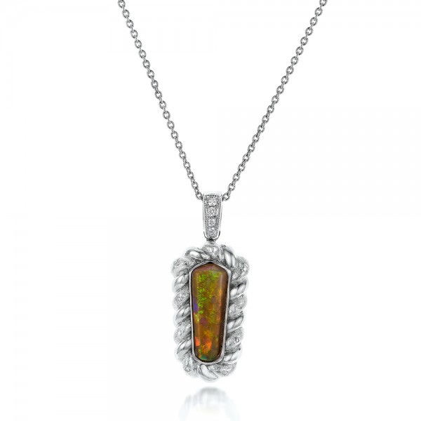 Custom Opal And Diamond Pendant - Three-Quarter View -  101991