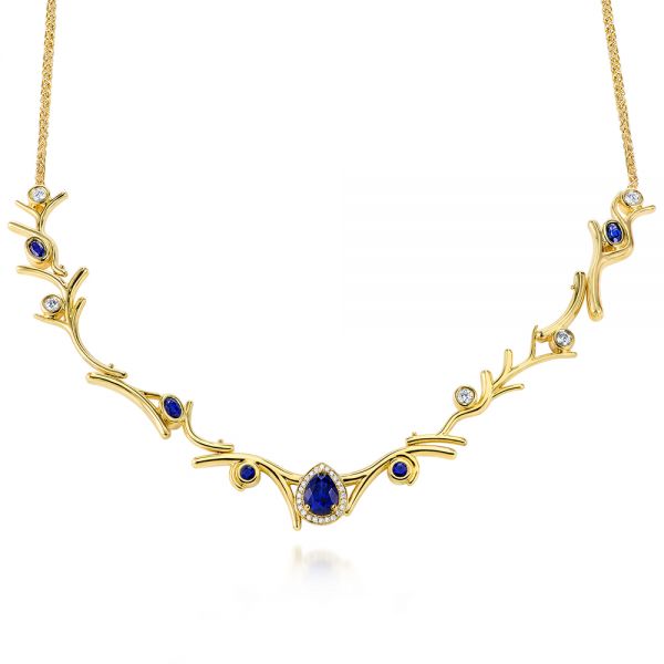 18k Yellow Gold Custom Organic Blue Sapphire And Diamond Necklace - Three-Quarter View -  104877