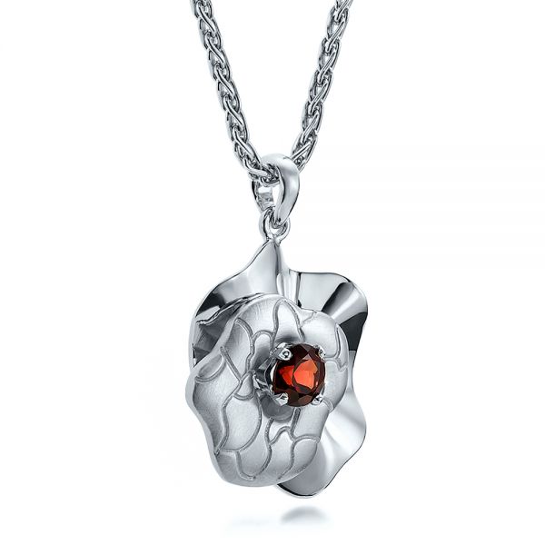 18k White Gold 18k White Gold Custom Organic Flower Red Garnet Pendant - Flat View -  100631 - Thumbnail
