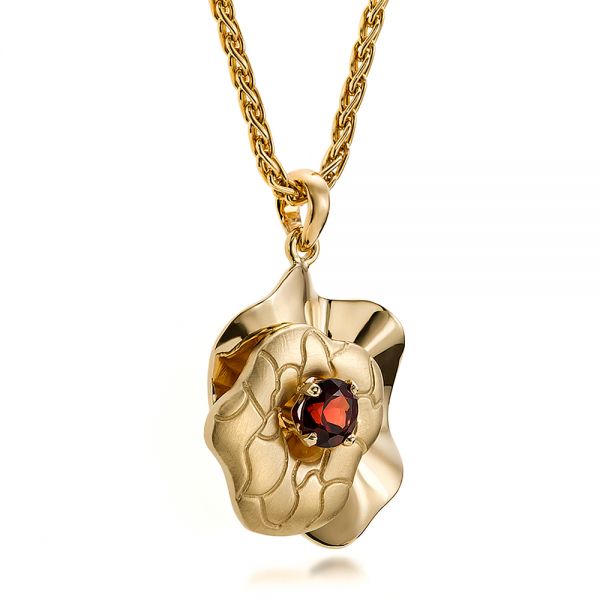 14k Yellow Gold Custom Organic Flower Red Garnet Pendant - Flat View -  100631 - Thumbnail