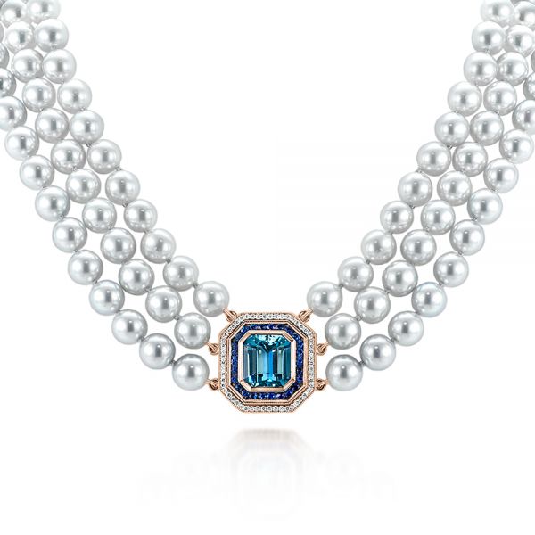 14k Rose Gold 14k Rose Gold Custom Pearl Aquamarine Blue Sapphire And Diamond Necklace - Three-Quarter View -  103384