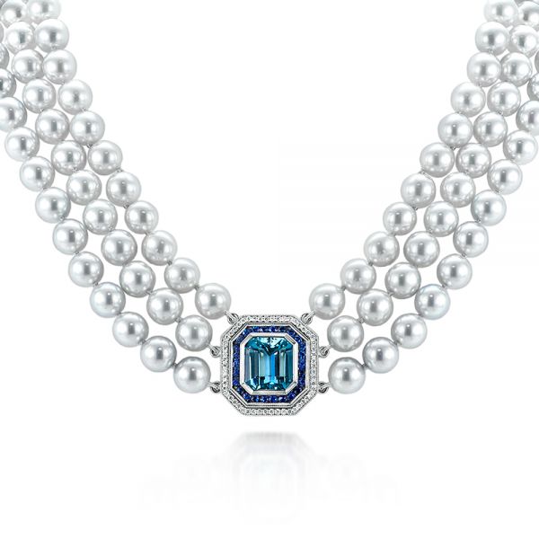 18k White Gold Custom Pearl Aquamarine Blue Sapphire And Diamond Necklace - Three-Quarter View -  103384