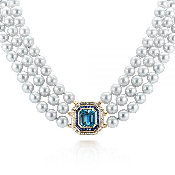 18k Yellow Gold 18k Yellow Gold Custom Pearl Aquamarine Blue Sapphire And Diamond Necklace - Three-Quarter View -  103384