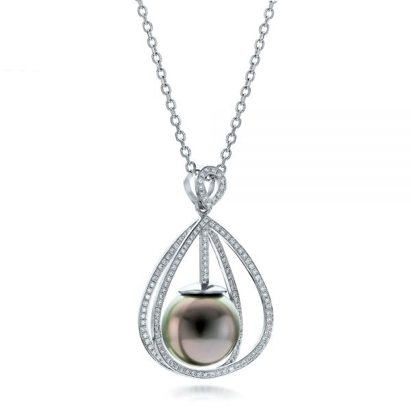 18k White Gold 18k White Gold Custom Pearl And Diamond Pendant - Flat View -  101158