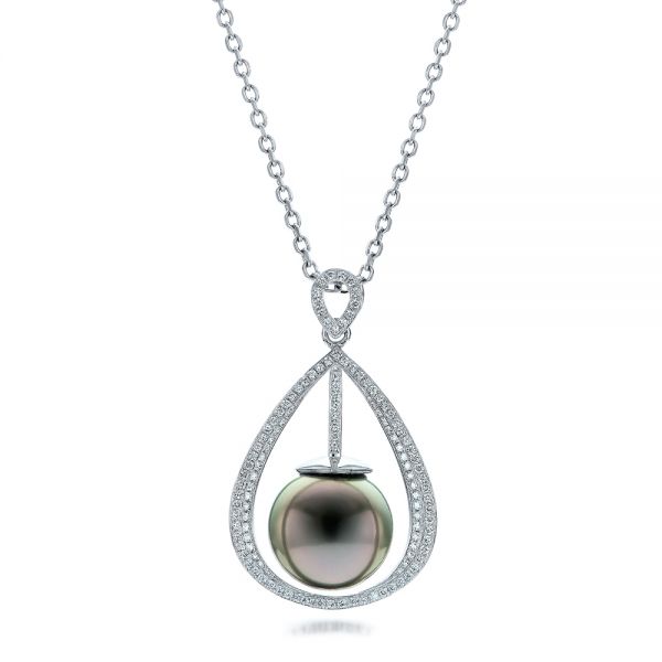 14k White Gold 14k White Gold Custom Pearl And Diamond Pendant - Three-Quarter View -  101158