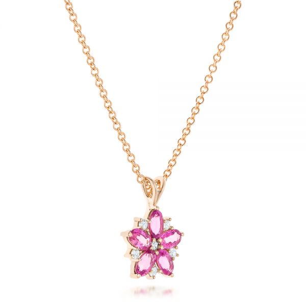 14k Rose Gold 14k Rose Gold Custom Pink Sapphire And Diamond Flower Pendant - Flat View -  102732