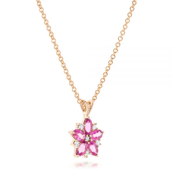 18k Rose Gold 18k Rose Gold Custom Pink Sapphire And Diamond Flower Pendant - Flat View - 102732