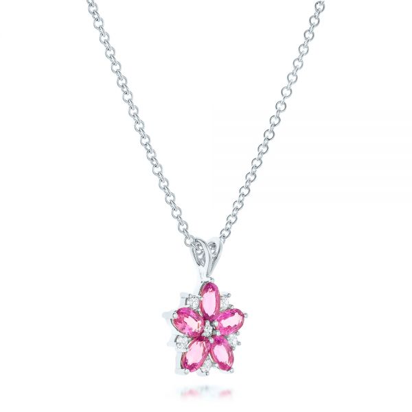 18k White Gold 18k White Gold Custom Pink Sapphire And Diamond Flower Pendant - Flat View -  102732