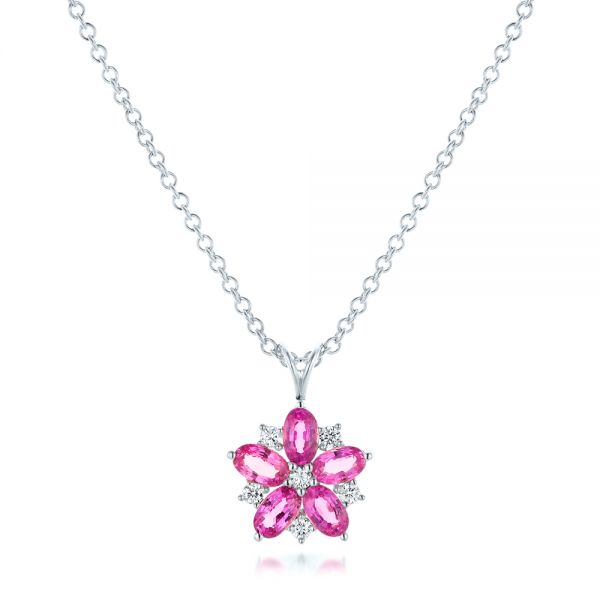 14k White Gold 14k White Gold Custom Pink Sapphire And Diamond Flower Pendant - Three-Quarter View -  102732