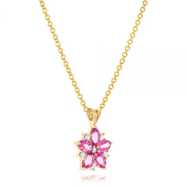 18k Yellow Gold Custom Pink Sapphire And Diamond Flower Pendant - Flat View - 102732