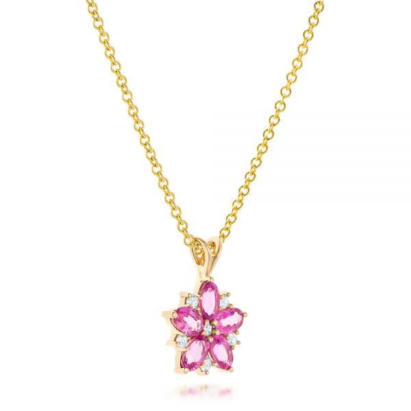 14k Yellow Gold 14k Yellow Gold Custom Pink Sapphire And Diamond Flower Pendant - Flat View -  102732