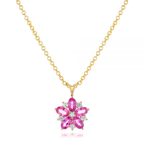 Custom Pink Sapphire and Diamond Flower Pendant - Image