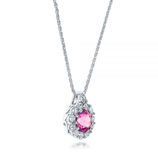 14k White Gold Custom Pink Sapphire And Diamond Halo Pendant - Flat View -  101245