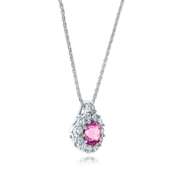 Pink Sapphire Diamond Halo Pendant Necklace 14K Rose Gold