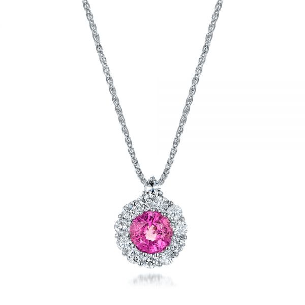 14k White Gold Custom Pink Sapphire And Diamond Halo Pendant - Three-Quarter View -  101245