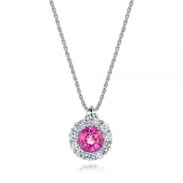 14K White Gold Pink Sapphire And Diamond Halo Necklace