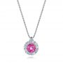 14k White Gold Custom Pink Sapphire And Diamond Halo Pendant - Three-Quarter View -  101245 - Thumbnail