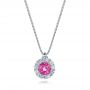 14k White Gold Custom Pink Sapphire And Diamond Halo Pendant - Three-Quarter View -  101245 - Thumbnail