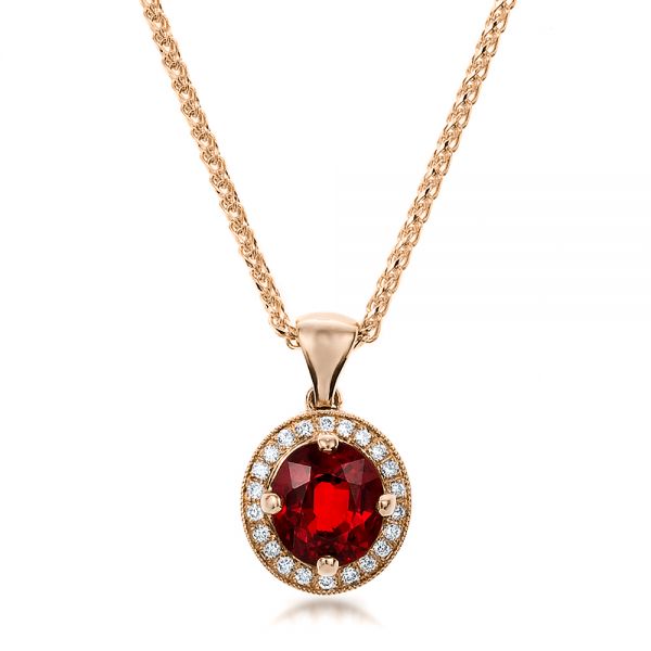 14k Rose Gold 14k Rose Gold Custom Red Sapphire And Diamond Halo Pendant - Three-Quarter View -  100274
