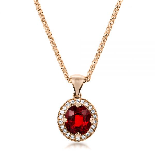 18k Rose Gold 18k Rose Gold Custom Red Sapphire And Diamond Halo Pendant - Three-Quarter View -  100274